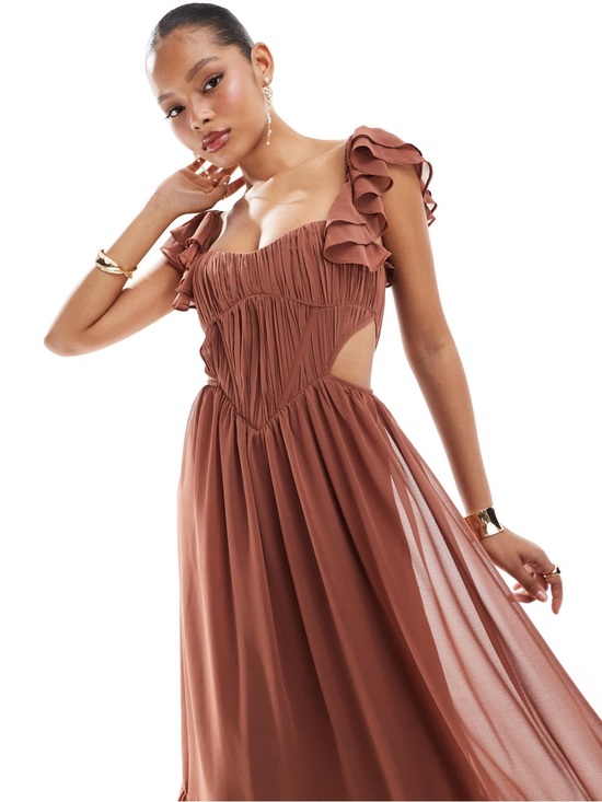 ASOS Dresses & Skirts - Ruffled Corset Cutout Maxi Gown in Mocha